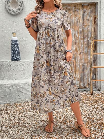 EMERY ROSE Women's Floral Print Casual Round Neck Short Sleeve Dress For Holiday