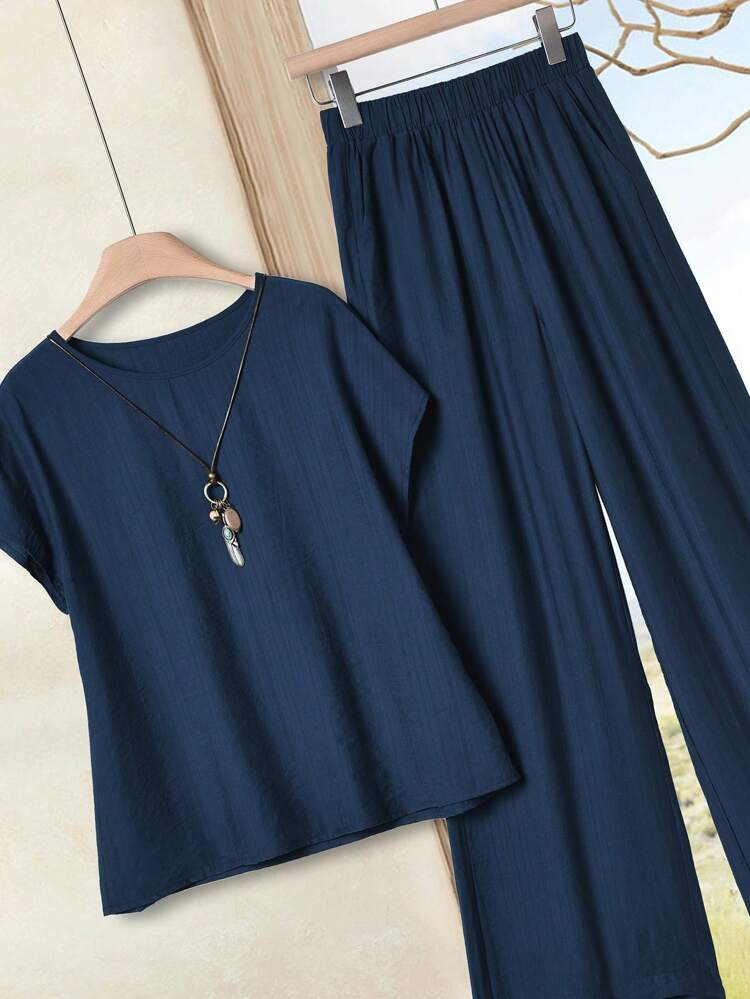 2pcs/Set Women Solid Color Round Neck Short Sleeve Casual Top And Long Pants Suit