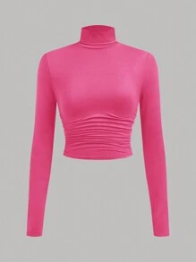 SHEIN Girlism 4 件装少女纯色豹纹印花高领褶皱长袖 T 恤套装