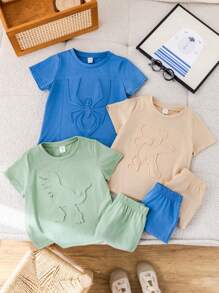 SHEIN Leap Crew 6件青年男孩服装休闲学院风舒适可爱针织卡通图案短袖T恤短裤高性价比多件套套装适合通勤上学日常休闲学院风