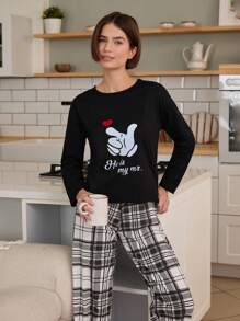 EURMUSE Valentine's Day Couple Contrast Colour Printed Shirt And Plaid Pattern Bottom Homewear Set - Black and White - View 3