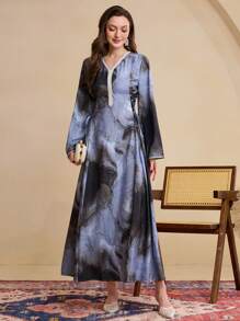 Al Najma Tie-Dye Print V-Neck Long Sleeve Cinched Waist Dress, Flowy Dress,Modest