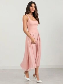 Glamine 粉色女士雪纺冬季双层甜美可爱闪亮优雅节日派对长款户外连衣裙 - 粉色 - 查看 3