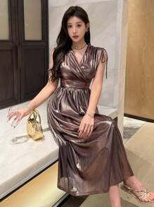 DAZY 女士纯色无袖简约休闲日常连衣裙优雅吊带裙婚礼女士礼服舞会礼服 - 粉色 - 查看 2