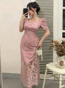 DAZY 女士优雅纯色蕾丝长裙 优雅长款连衣裙 - 粉色 - 查看 2