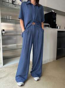 DAZY 女士纯色短袖衬衫长裤两件套，蓝色，春夏款，教师休闲套装