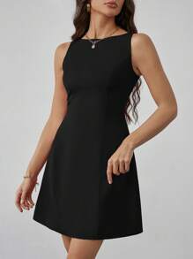 SHEIN Tall Vestido elegante de unicolor sin mangas de ajustado mini para graduación, vestido corto para graduación de otoño para mujer, vestido rojo, vestido burdeos de otoño para mujer, ropa casual para mujer de negocios, vestido de longitud hasta la rodilla de otoño para mujer, atuendos de otoño para mujer, ropa de Navidad - Negro - Ver 4