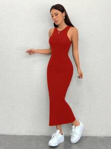 SHEIN PETITE 女士休闲纯色无袖修身连衣裙 - 紅色 - 查看 6