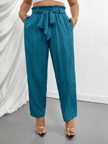 SHEIN Privé Quần tây ống côn cạp cao, bèo nhún, thắt eo, dáng ôm, có túi, dành cho người có vóc dáng đầy đặn. - Màu xanh ngọc - Xem 3