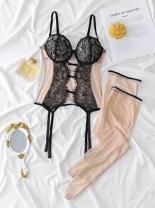 Spicy Aura Lace Floral Eyelash Lace Patchwork Bra+Thong+Stockings, Women Sexy Lingerie Set - Black - View 6