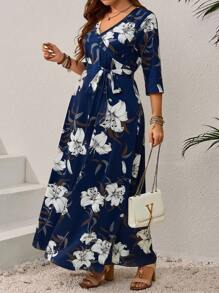 EMERY ROSE Vestido casual de manga larga con escote en V y estampado floral para tallas grandes - Azul Marino - Ver 3