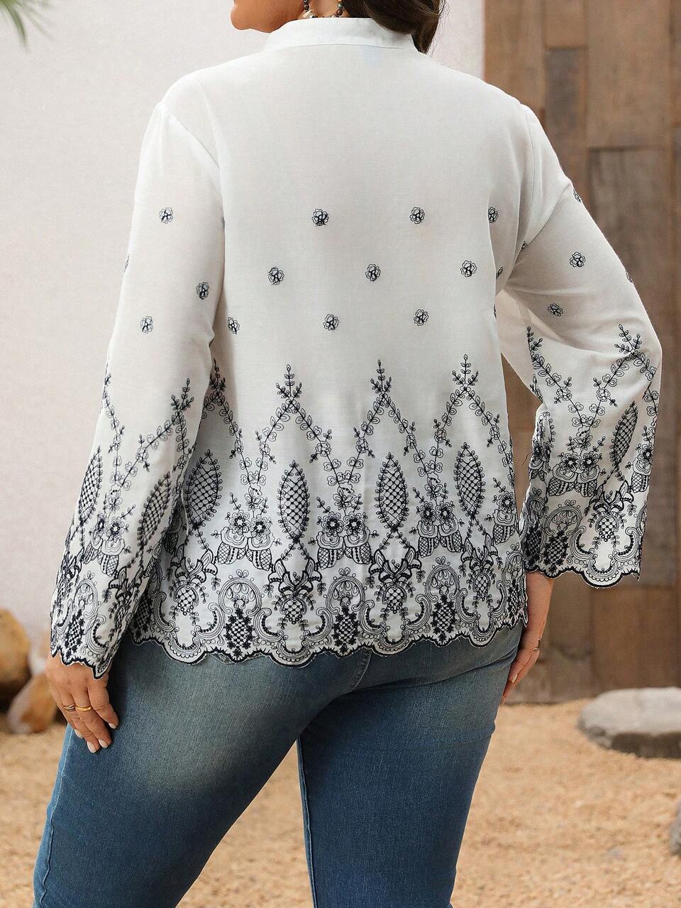 Plus Size Women Plant Print V-Neck Long Sleeve Blouse For Vacation,Spring Clothes,Western Wear Women