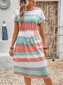 Faunlyn Vestido casual de mujer con rayas, cordón en la cintura y bolsillo en diagonal para el verano - Azul Marino - Ver 3