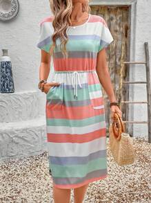 Faunlyn Vestido casual de mujer con rayas, cordón en la cintura y bolsillo en diagonal para el verano - Azul Marino - Ver 5
