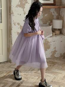 DAZY Tween Girl Summer Short Sleeve Mesh Trim Collared Dress