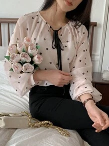 DAZY Polka Dot Long Sleeve Round Neck Drawstring Bowknot Decor Women's Blouse, Summer,Fall Clothes