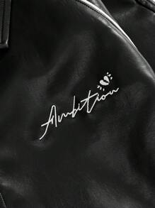 ROMWE MEN Street Life Men's Racing Autumn Letter Graphic Long Sleeve PU Leather Jacket - Black - View 4