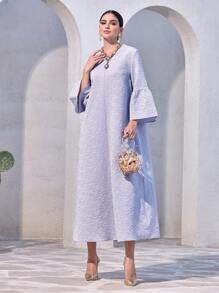 Al Najma Vestido árabe holgado con cuello en V, manga acampanada y estampado floral jacquard para mujer