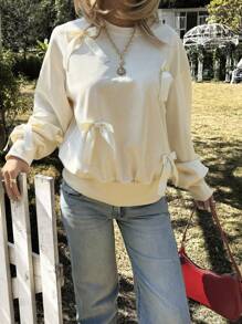 Chiquease Casual Bow Decor Drop Shoulder Sweatshirt, Autumn/Winter Pullover Fall Sweatshirt - Beige - View 5
