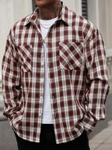 Manfinity Homme Áo khoác nam tay dài cài nút phía trước, túi kẻ caro thường ngày - Nhiều màu - Xem 1