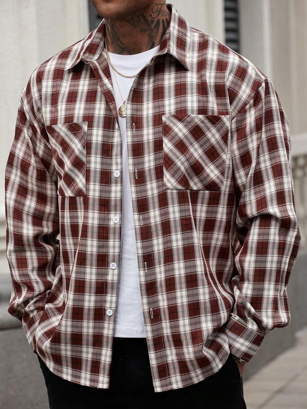 Manfinity CasualCool Men's Front Button Long Sleeve Pocket Plaid Casual Jacket