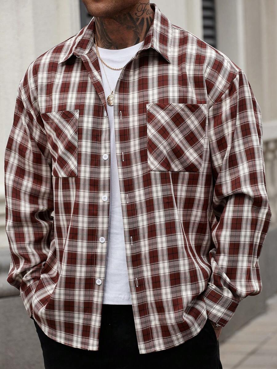 Manfinity Homme Áo khoác nam tay dài cài nút phía trước, túi kẻ caro thường ngày - Nhiều màu - Xem 1