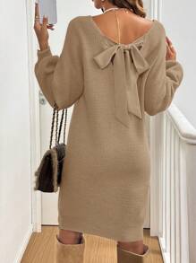SHEIN Frenchy Women's Solid Color Drop Shoulder Long Sleeve Bow Knitted Sweater Dress, Autumn/Winter - Khaki - View 1