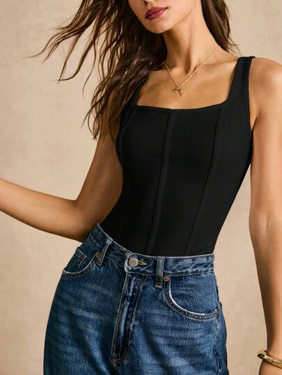 Poéselle Solid Seam Front Tank Top, Summer Clothes, All Black, Square Neck, Short Women Top