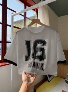 Muchica Women's Solid Color Patchwork Crew Neck Short Sleeve Letter Print Casual T-Shirt