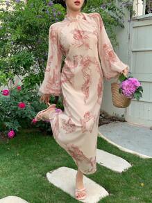 DAZY Bata de mujer de manga farol con estampado floral de gasa, para vacaciones, de primavera/verano