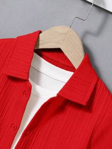 SHEIN Explorewe 2 件套年轻男孩休闲学院风字母印花 Polo 领短袖衬衫和短裤，适合日常穿着、旅行、休闲、上学、春夏度假、假日 - 紅色 - 查看 8