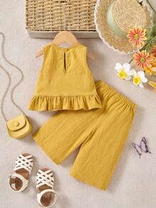 Baby Girl Cute Solid Color Ruffle Hem Camisole & Pants 2Pcs Suit, Summer
