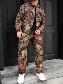 Manfinity Homme Bộ đồ thường ngày cho nam, áo khoác và quần dài tay đơn hàng khuy đơn in hoa, mùa thu - Bạc - Xem 7