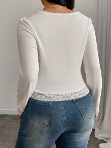 SHEIN ICON 大码女式春夏纯色撞色蕾丝圆领长袖修身 T 恤