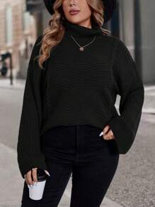 SHEIN LUNE 大码休闲宽松高领针织毛衣套头衫，采用精致的凸起针织纹理，打造休闲外观。派对、音乐节、家居服、返校活动、送礼和购物。冬装、乡村上衣、秋季毛衣