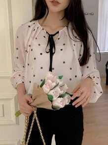 DAZY Polka Dot Long Sleeve Round Neck Drawstring Bowknot Decor Women's Blouse, Summer,Fall Clothes