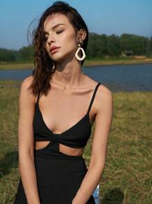 SHEIN BAE Cutout Solid Split Hem Dress - Black - View 2