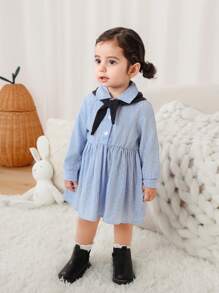 2pcs Set Baby Girls Casual Striped Dress With Detachable Shawl, Soft Fabric, Suitable For Outdoor, Vacation, Hiking - Blue - View 1