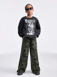 SHEIN Tween Girl Camouflage Drawstring Waist Colorblock Long Sleeve Sweatpants