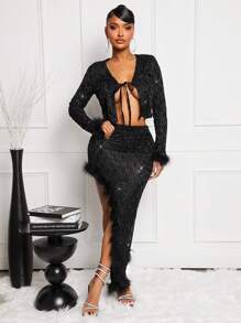 SHEIN SXY 2pcs/Set Sexy Sheer Mesh Feather Decor Black Outfit, Includes Slit Hem Skirt, Autumn/Winter Party - Black - View 1