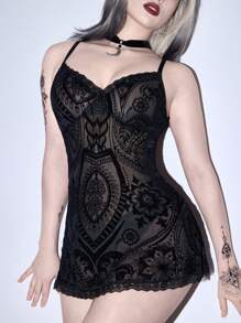 ROMWE 2pcs Gothic Palace Flocked Strap Locator Sexy Nightgown And G-String Set - Black - View 3