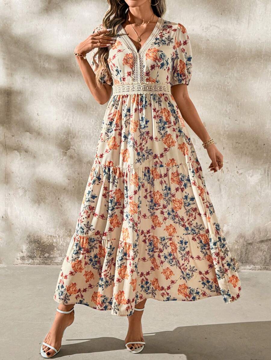 SHEIN Clasi Women's Elegant Floral Print V-Neck Splicing Hollow-Out Lace Ruffle Hem A-Line Waist-Cinched Long Dress