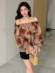 DAZY Rose Floral Print Off Shoulder Long Sleeve Ruffle Hem Women Blouse/Shirt For Spring & Summer,Fall Clothes Graphic Tee Vacation Outfits Women - Brown - View 3
