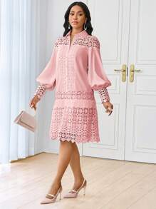 SHEIN Lady Spring And Summer Casual Elegant Work  Contrast Lace Shirt Dress Tunic Dress Midi Women Dresses - Dusty Pink - View 5