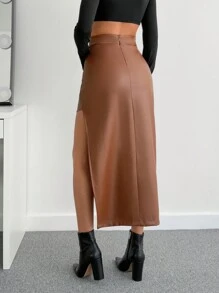 EURMUSE Fusta minimalistă cu crestătură pentru femei, ținută ocazională de zi cu zi - Maro ciocolata - Vizualizare 2