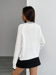 Chiquease Women's Elegant Crew Neck Multi Texture Colorblock Metal Button Pullover Sweater Knit Pullover Fall Winter - White - View 2