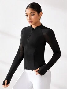 SHEIN Sports Women's Solid Color Raglan Sleeve Zip Up Front Fitted Sports Jacket - Black - View 1
