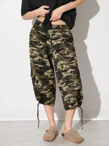 Easelle Calça Capri Cargo Utilitária Solta com Estampa Camuflada da Moda para Mulheres