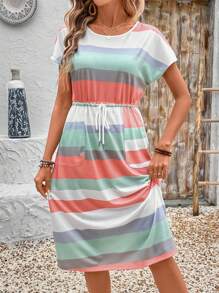 Faunlyn Vestido casual de mujer con rayas, cordón en la cintura y bolsillo en diagonal para el verano - Azul Marino - Ver 4