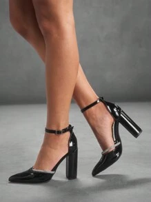 CUCCOO SZL Women's Pointed Toe Block Heel Rhinestone Strap Sexy Black Mirror Surface High Heel Pumps, Fashion Shoes For Party, Going Out, New Year, Valentine's Day - Black - View 6